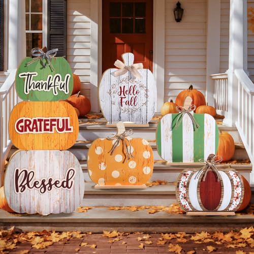 Bucherry 5 Set Thanksgiving Porch Decoration Pumpkin Wood Porch Standings