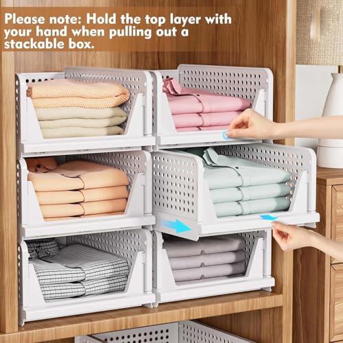 Image of Go Hooked Foldable Wardrobe Organizer with Drawer Style Pull Out Design | Pack of 4 Small (44x34x14.5 cm) Shelf Storage Box | Heavy Duty Plastic Shirt Stacker for Cupboard, Almirah & Closet | White