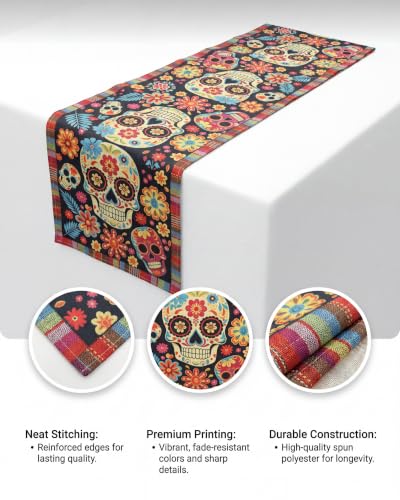 REPROE Dia De Los Muertos Table Runner, Sugar Skull Floral 13x72 - image 5