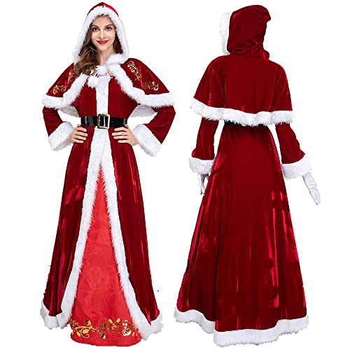 Mrs. Claus Kostüm Weihnachten Cosplay Weihnachtsmann Kapuzenumhang Rotes Kleid Outfit Cover