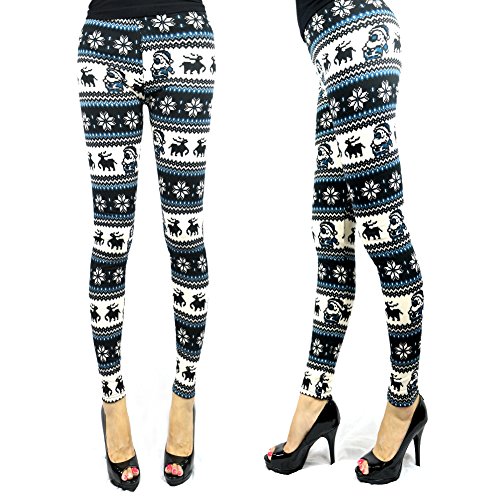 Women's Winter Warm Knitted Leggings Pants Snowflakes Reindeer Print Pastel Blue