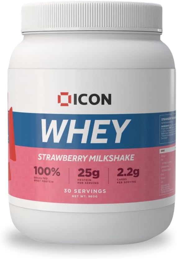 Whey Protein Powder — Strawberry Milkshake — High Protein, Grass Fed, Low Carbs & Fat, Complete Amino Acid Profile, Cold Shakes or Mix with Foods — 960g, 30 Servings