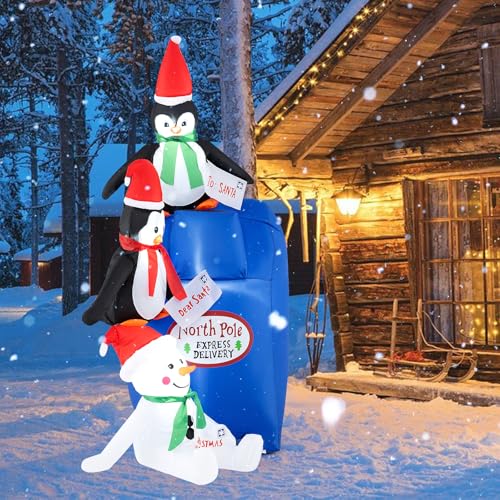 Goplus 6 Ft Christmas Inflatables, Blow up Pre-Lit Letters to Santa Mailbox with Penguins & Snow Man, Outdoor Christmas Decorations with LED Lights, Xmas Inflatable Post Box for Yard, Party, Indoors