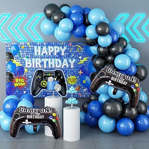 Video Game Birthday Decorations, Blue Black Balloons Arch Garland Kit with Large Happy Birthday Gaming Backdrop Banner Gamer Foil Balloons, Anniversary Birthday Party Decorations Set for Men Boys Kids Cover