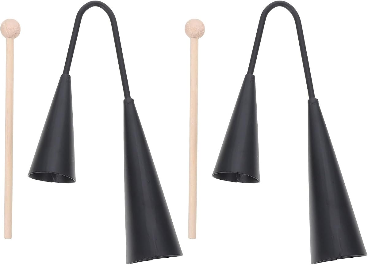 Toddmomy 2 juegos de campanas de metal Samba de dos tonos – Juguetes tradicionales de campana Agogo – Instrumentos de percusión de mano con palos de madera para fiesta, educación musical, práctica