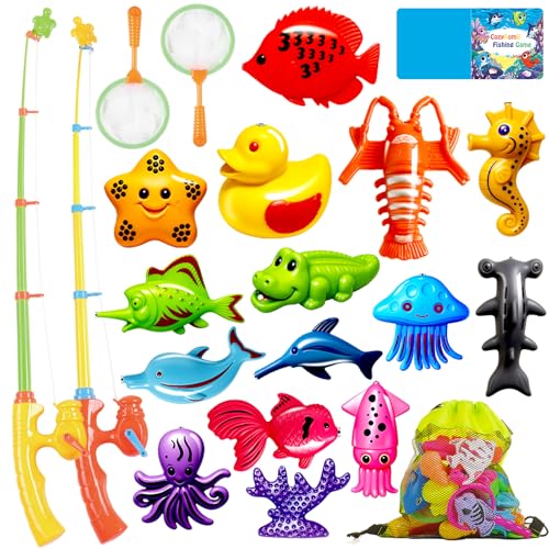 CozyBomB™ Magnetic Fishing Toys Game Set for Kids | Water Table Bathtub Kiddie Pool Party & Pole Rod Net, Plastic Floating Fish Toddler Color Ocean Sea Animals Birthday Age 3 4 5 6 Year