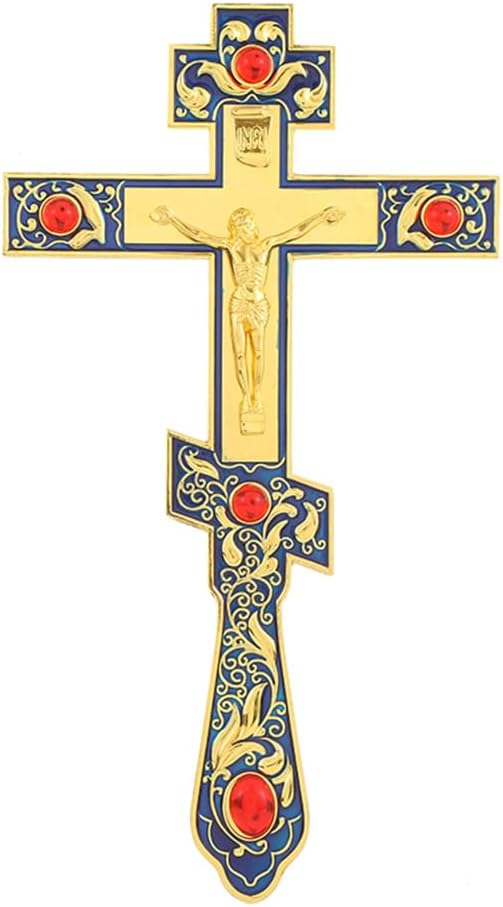 RZRHMUHN 10.4'' Orthodox Blessing Cross, Orthodox Hand Cross, Metal Byzantine Crucifix, Faith Gift for Priest, Religious Art Collection, Home Decor (Red)