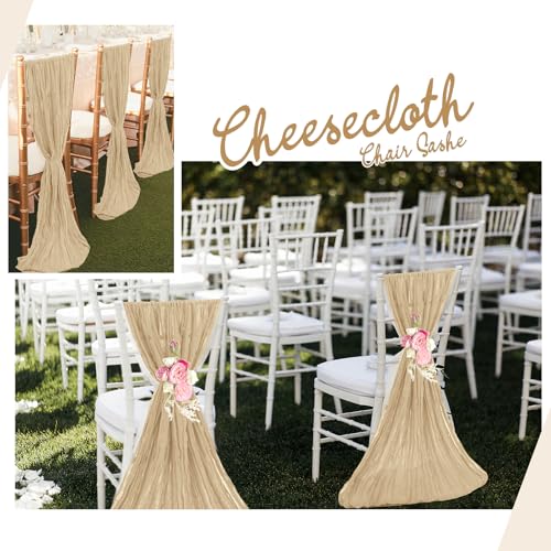 REWOMC 50 PCS Cheesecloth Chair Sashes, 15.7x70 inch Bows Designed Chair Sashes, Chair Cover Chair Sashes Decorations, Universal Chair Decoration for Wedding Reception Banquet Party (Beige) - Thumbnail 7