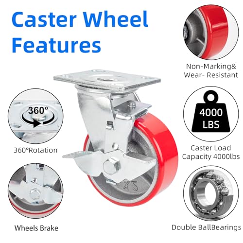 Image of Nefish 5 Inch Industrial Casters Set of 4, Heavy Duty Casters with Brake 4000 Lbs, No Noise Polyurethane Wheel on Steel Hub, Swivel Plate Caster Wheels for Toolbox Workbench (4 Swivel & Brakes)