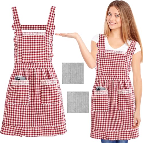 ZenyTra Tablier vintage de qualité supérieure pour femme - Tablier à carreaux bordeaux - En coton - 2 poches et réglable - Pour cuisine, jardin, bricolage et cadeau...