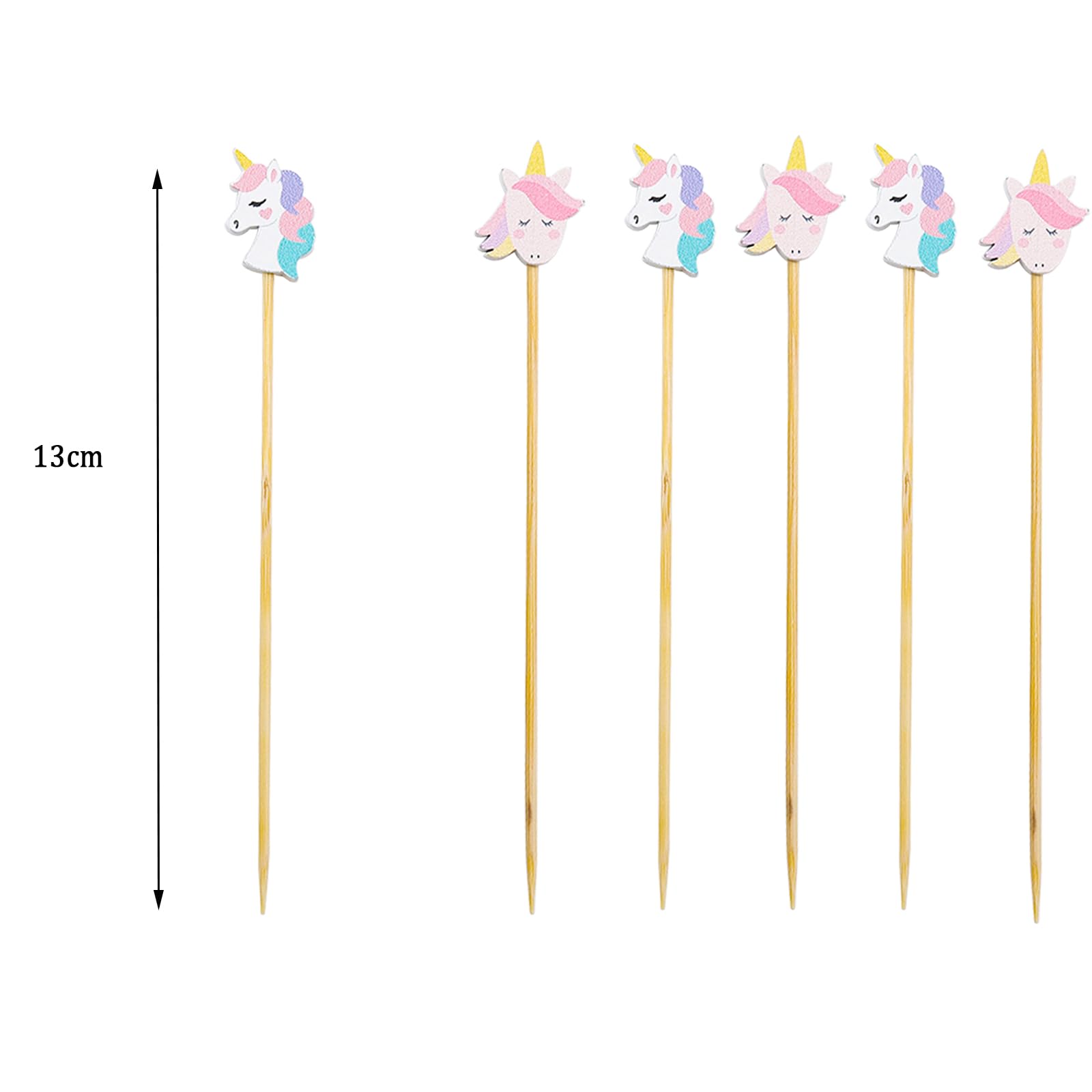 Catelves Spiedini per bambini, 100 spiedini da cocktail, stuzzicadenti, in legno, 13 cm, unicorno, spiedini di frutta per cocktail, decorazione per cupcake, spiedini estivi