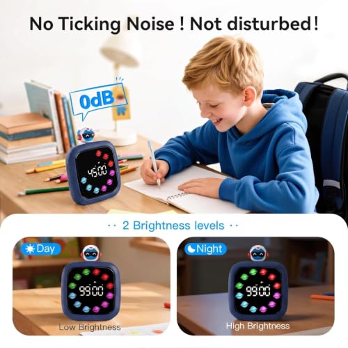 Image of Yunbaoit Digital Visual Timer for Kids, 99-Minute Countdown, Rechargeable | Dark Blue Protective Case, 19 Music Alarm, Pause Function, 9 Optional DIY Color Planet Display, Robot Doll, for Homeschool