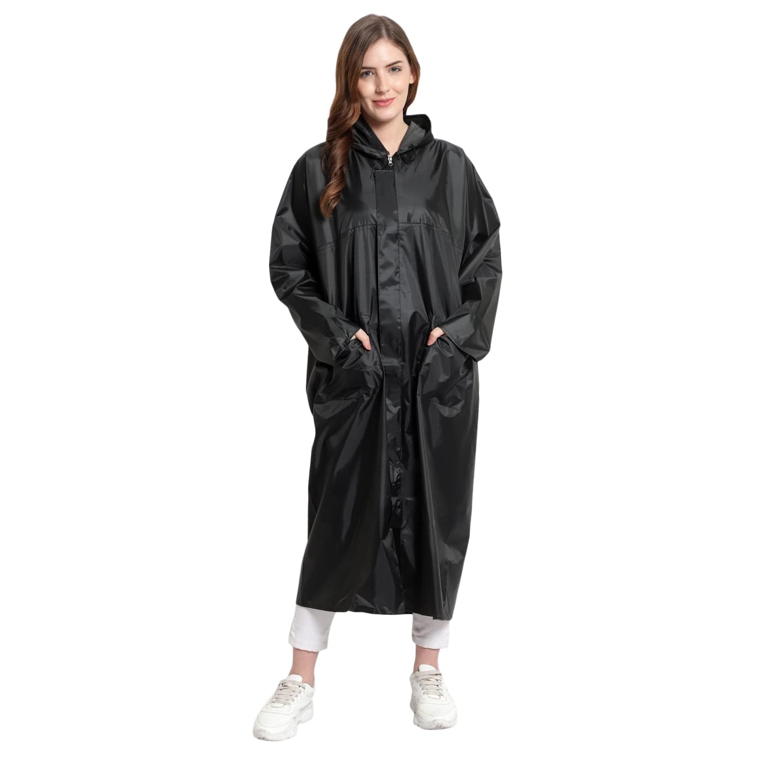 Soft PVS Women's Waterproof Hood Long Over Full Length Rain Coat with Carry Bag-image-30