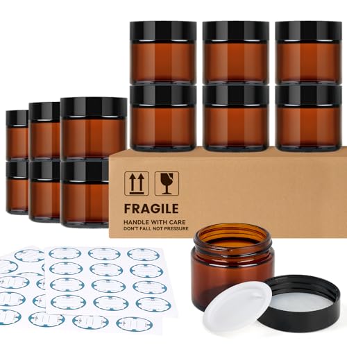 Qeirudu 2 Oz Small Amber Glass Jars with Black Lids, 12 Pack Empty Glass Cosmetic Jars with Inner Liners and Labels for Storing Lotions, Ointments, Creams, Candles
