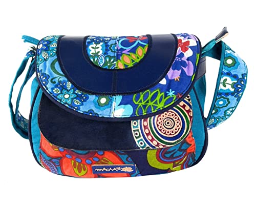 Sac ethnique indien coloré bleu en coton et cuir avec bandoulière réglable