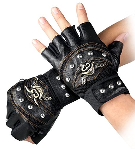 Steampunk Gothic Gloves Mens Vintage Geuuine Leather Captain Fingerless Mittens (Black)