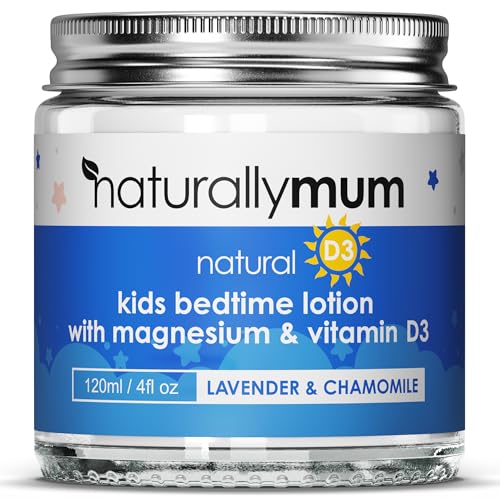 Image of NaturallyMum Kids Magnesium Bedtime Lotion with Vitamin D | Support for Sleep, Heart, Bone, Nerve, Gut and Muscle Health | Alternative to Melatonin | Lavender & Chamomile 4.2 fl oz
