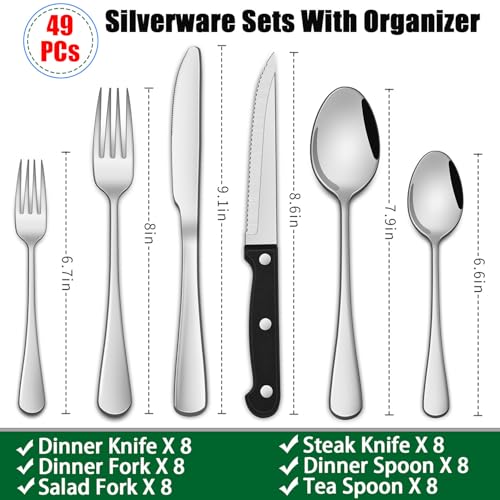 49 Pieces Silverware Sets With Organizer And Steak Knives, Stainless Steel Flatware Sets Service For 8 Person, Tableware Cutlery Sets, Includes Knife Spoon and Forks Sets - image 2