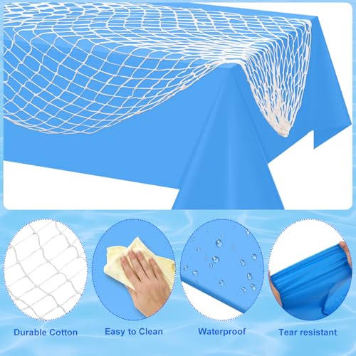 Image of 3 Set 6 Pcs Fish Net and Tablecloth Set,Cotton Fishnet and 3 Blue Color Disposable Plastic Table Cover for Mermaid,Baby Shower,Birthday,Ocean Pirate Under the Sea Party Decorations,54 X 108Inch