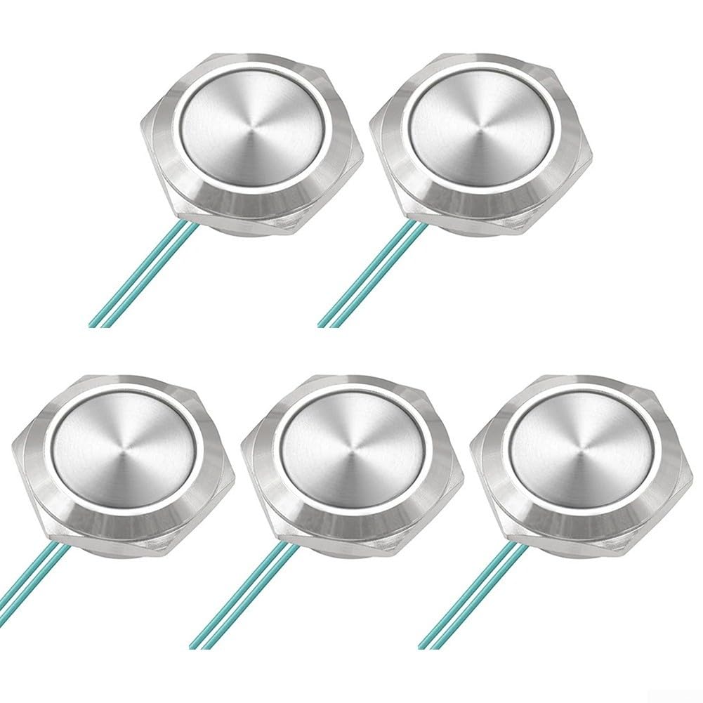 HpLive Lot de 5 interrupteurs à bouton-poussoir en métal auto-réinitialisables ultra courts 12 V-24 V avec câble 16 mm, 19 mm, 22 mm, étanche, auto-réinitialisation instantanée (16 mm)