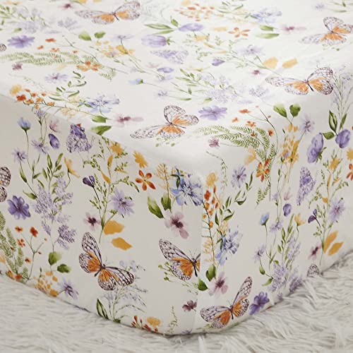 Image of Brandream Luxury Softer Thicker Crib Sheets Set, Cotton Wildflower Butterfly Printed Toddler Sheets for Baby Girls, Breathable Comfy Durable, 28"x52" - Purple Pink Sage Green White