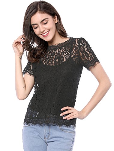 Allegra K Women's Lace Floral Scalloped Trim Short Sleeve Semi Sheer Top2