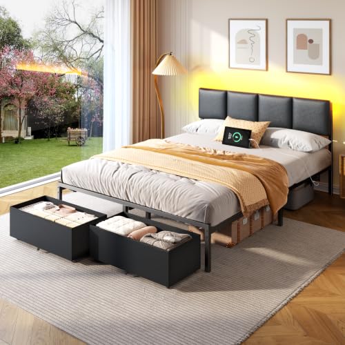 Image of Furnulem Queen Bed Frame with PU Upholstered Headboard and Charging Station | Metal Platform Bed with 2 Fabric Underbed Storage Drawers and LED Lights, Noise Free, No Box Spring Needed, Black, PU Leather