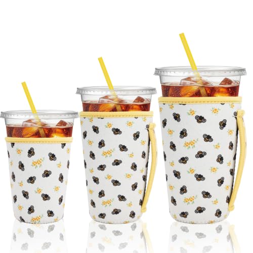 Image of KJQJLY 3 Reusable Iced Coffee Sleeves for Iced Coffee Cups or Drinks Reusable Neoprene Insulated Sleeves for Hot and Cold Drinks from Starbucks, Dunkin, And More (Honey Bee)
