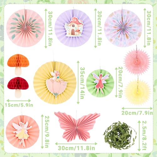 Image of EASY JOY Fairy First Birthday Decorations Fairy Party Decors Fairy Paper Fan Set Pastel Paper Fans Butterfly Fans with Vines Hanging Mushroom Honeycomb for Baby Shower Birthday Tea Party Garden Forest
