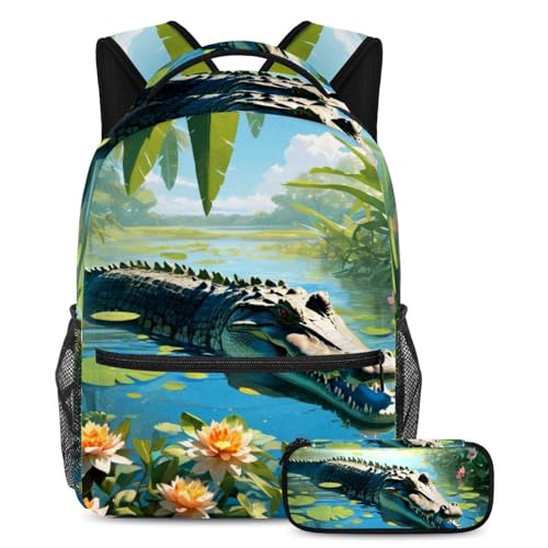 Sac à dos crocodile et fleur avec trousse assortie pour l'école des garçons et filles