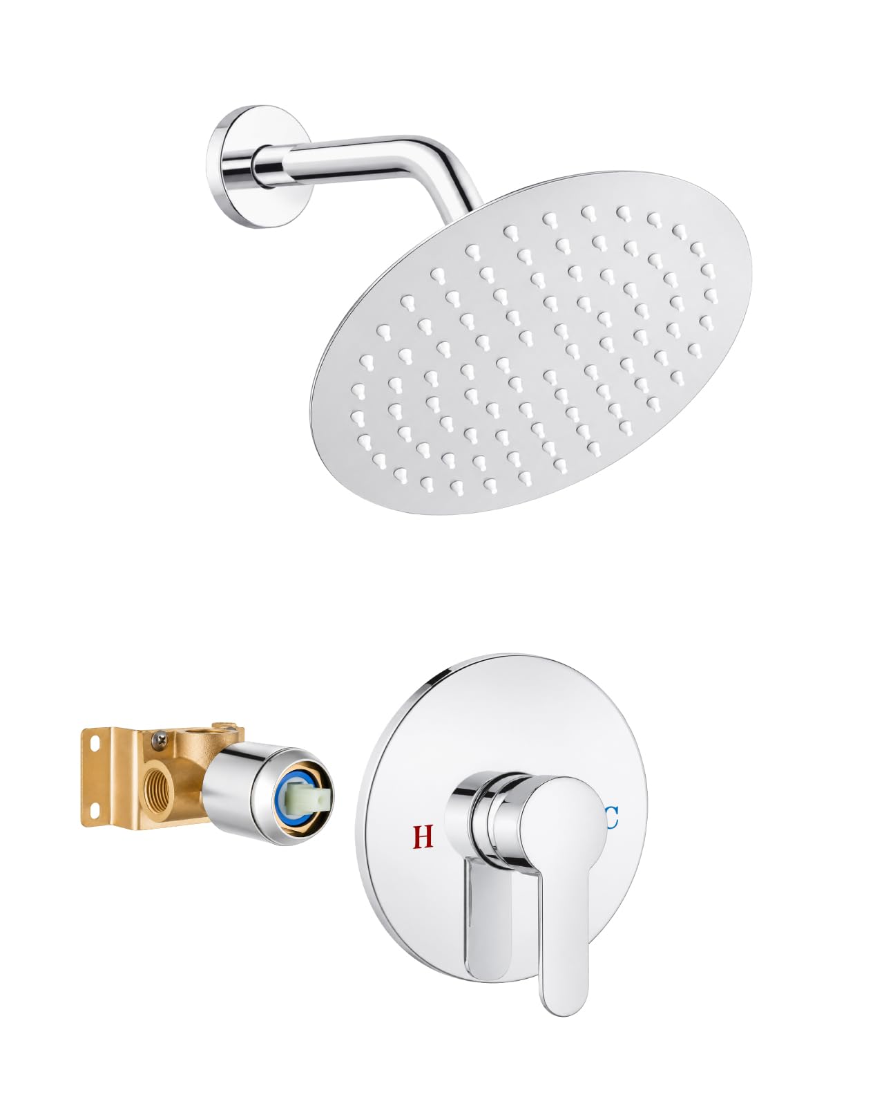 Heyalan Sistema de ducha cromado pulido 8 pulgadas redondo ducha baño grifo de ducha lluvia montaje en pared sola función ducha kit SUS304 acero inoxidable con válvula áspera 1 mango