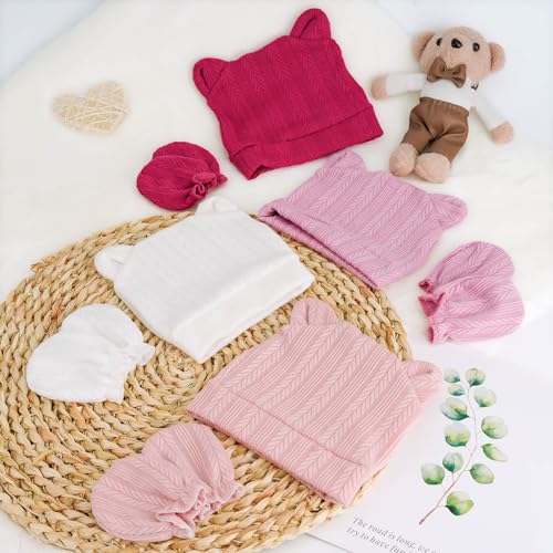 Image of BQUBO Newborn Baby Hats Bear Ears and Mittens Sets Preemie Caps Baby Boy Girl Infant Hospital Beanie for 0-3 Months
