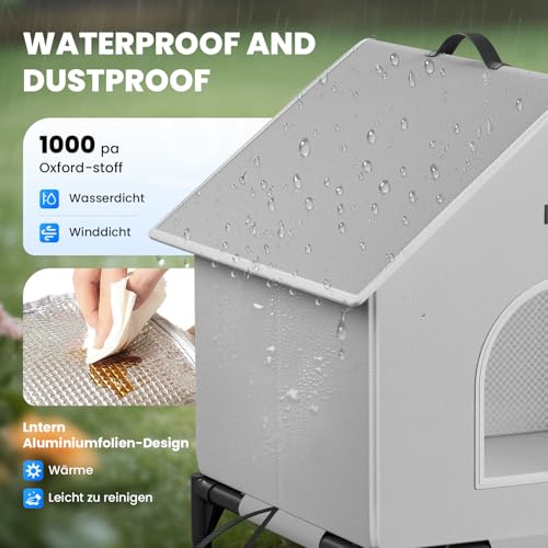 Outdoor Katzenhaus mit Erhöhten Design, Wasserdicht Katzenhaus für Draußen, Warm Hundehöhle mit Türvorhang, Waschbar Hundehaus Tierheim Für Streuner Haustiere (XL, Grau)