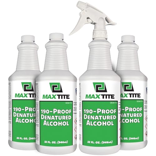 Image of MAXTITE 190-Proof (95%) Denatured Alcohol with Heavy-Duty Sprayhead - 32 fl oz, 4 Pack (1 Gallon Total) - for Industrial, DIY, or Professional Use - Solvent, Cleaner, Additive - Made in USA