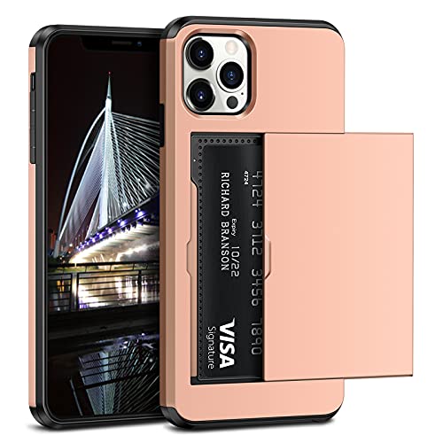 Vofolen for iPhone 13 Pro Case Wallet Cover Card Holder Credit ID Slot Sliding Door Men Women Hidden Back Pocket Anti-Scratch Dual Layer Armor Protective Bumper Hard Shell for iPhone 13 Pro Rose Gold