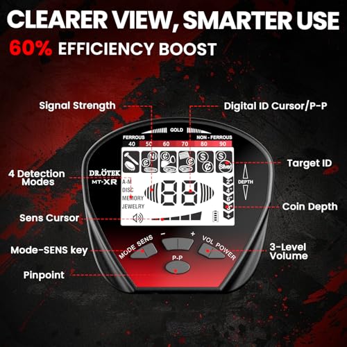 DR.ÖTEK Metal Detector for Adults Waterproof, Professional Gold Detector Kit with High Accuracy, 10" IP68 Coil, Backlight LCD Display, 5 Modes, Advanced DSP Chip for Treasure Hunting, MTXR-Red
