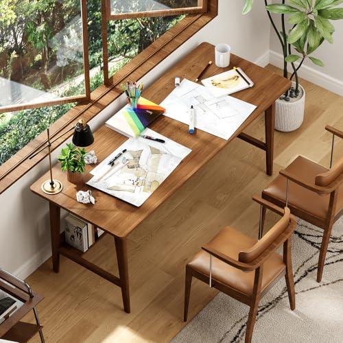 Image of 63 Inch Computer Desk, Large Home Office Desk with Storage Shelf, Solid Wood Long Writing Desk for Study, Workstation Table for Home Office, Study Room (Walnut)
