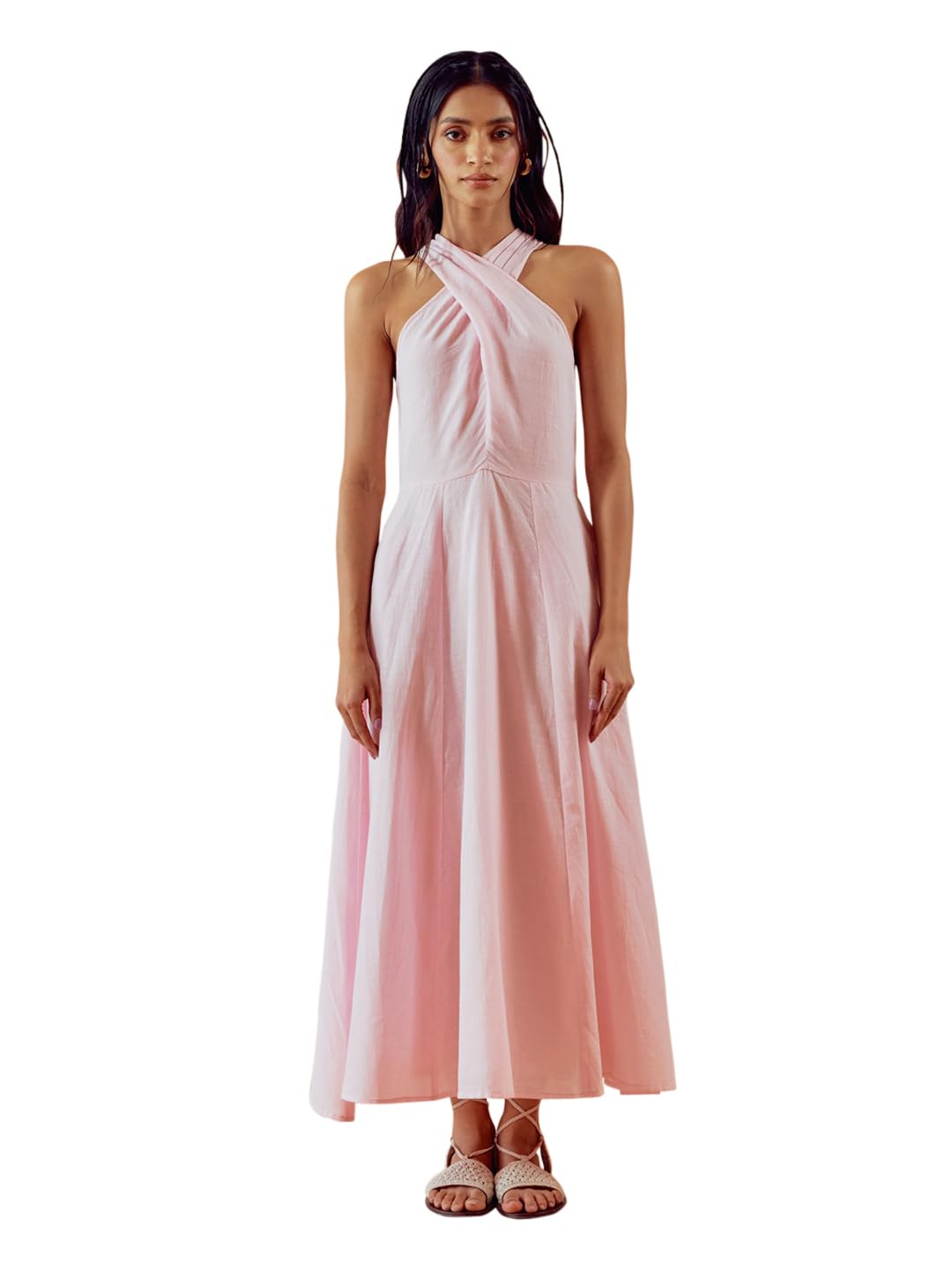 Women's Light Pink Solid Linen Maxi Dress-image-24