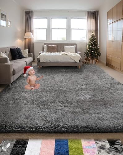 Poboton Modern Shaggy Area Rug, 4x6 Ft Grey Fluffy Washable Rug