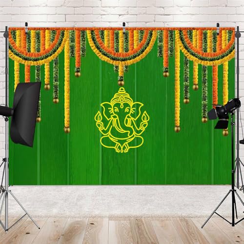 Image of 7x5FT India Pooja Traditional Backdrop, Marigold Green Banana Leaf Chatiya Ganesh Traditional Festival Photography Background Puja Ganpati Wedding Party Decoration Photo Props