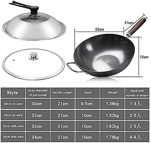 Cast Iron Flat Bottom Wok, Handmade Woks and Stir Fry Pans Non Stick Cookware Pot with Wooden Handle for Gas Cookware,30cm,Glass Lid (32cm Stainless Steel Lid)