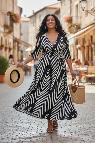 Image of Runwind Plus Size Dresses for Women Floral Maxi Dress Flowy 3 /4 Sleeve with Belt