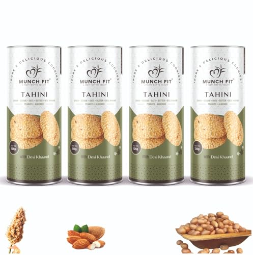Image of Munch Fit Jowar Sesame Oats Tahini Cookies | Egg Less Cookies Made with Desi Khand 125gm Pack of 4 | Healthy Multigrain Cookies | High Protein, Fiber Gluten Free | Natural Snack for Tea, Coffee & Kids