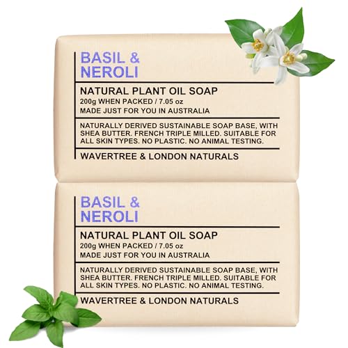 Image of Wavertree & London Basil & Neroli Scented Natural Soap Bars (2 Bars), 7oz Moisturizing French Triple Milled Soap enriched with shea butter - Plant Oil Bath & Body Soap Bars [100% Naturally derived]