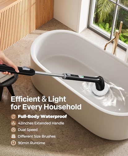 Image of LyriFine Electric Spin Scrubber, New Full-Body IPX7 Waterproof Bathroom Cleaner Brush, Shower Scrubber with Long Handle & 2 Speed, Heads Replacement, Cleaning Supplies for Tub Shower Tile Floor