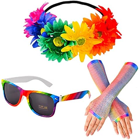 Fvomye Flower Crown Headband with Rainbow Fishnet Gloves Rainbow Sunglasses LGBT Gay Pride Fancy Dress Accessories, One Size Cover