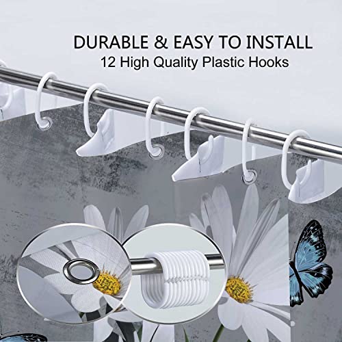 Uokiuki Rustic Farmhouse Floral Shower Curtain Set Grey Gray Teal Flowers Fabric Bath Curtain Butterfly Daisy American Country Wooden Farm Style Wiht 12Pcs Hooks 70×70In Turquoise #TOP4