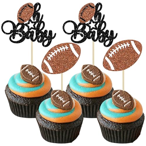 Gyufise 24Pcs Rugby Ball Oh Baby Cupcake Toppers Glitter American Football Cupcake Picks Baby Shower Oh Baby Cake Decorations for Gender Reveal Rugby Sports Theme Kids Birthday Party Supplies