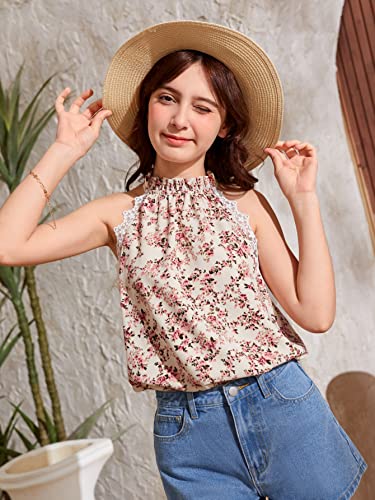 Oyoangle Girl' Floral Print Casual Ruffle Cami Halter Top Sleeveless Button Blouses Multicolor 11 Years #TOP2