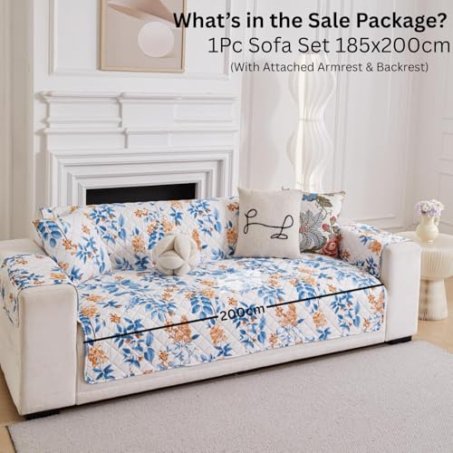Image of HOMETHREADS Premium Style Anti Slip Sofa Cover Set | Cotton Sofa Slipcover | 1Pc Front Cover with Attached Armrest + 1Pc Back Cover (Leave Blue Flower, 4 Seater | 200x185cm)